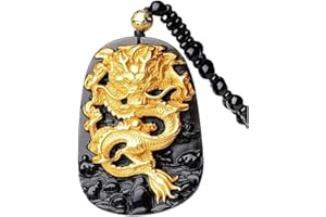 YIGEDAN Ciondolo di giada nera naturale ossidiana con drago intarsiato in puro oro giallo 18 K 999