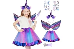 Anyingkai Kostium jednorożca księżniczki, zestaw 4 sztuk, kostium jednorożca, opaska na włosy, jednorożec, skrzydła, różdżka, tiulowa spódnica, prezent dla dziewczynek w wieku 3-9 lat, karnawał,