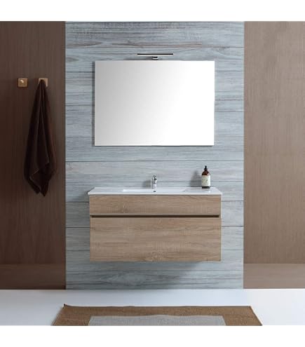 Set Mobili Bagno Planetmöbel Arisa 80 Cm – Lavabo, Specchio LED, Mobiletto Alto, Finitura Rovere Bianco
