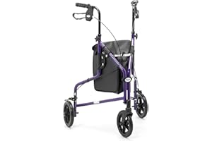 Days Lightweight Tri Wheel Walker Rollator – Aluminium Mobility Walker with Adjustable Height and Brakes – Foldable Walking Frame with Carry Bag – Mobility Aid for Elderly – Purple