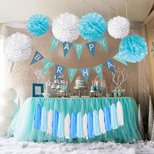 Happy Birthday Girlande Set, Wartoon Habby Birthday Alles Gute Zum Dekoration Deko Geburtstag Girlande Quasten Girlande Geburtstag und Pompoms Quaste für Geburtstag Dekoration(Blau und Weiß) - 4