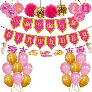 Party Propz Half Birthday Decorations For Baby Girl Combo - 39Pcs Items Set For 6 Months Birthday Decorations For Girl - 1/2 Birthday Decorations For Girls - Half Bday Banner, Balloons, PomPom, Swirls
