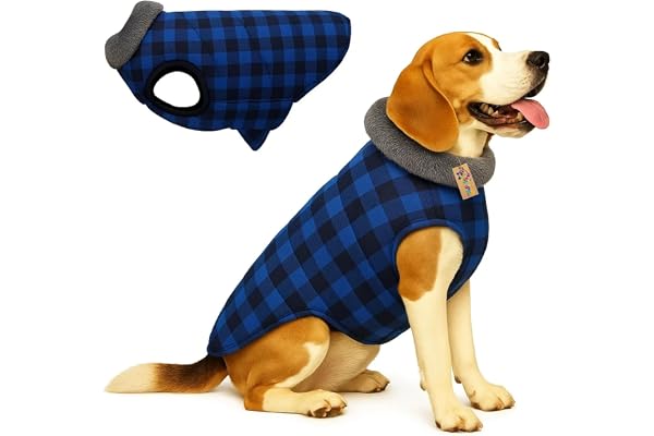 Western Era Dog Winter Fur Coat Blue Check Fur-Lined Jacket for Cold Weather Soft Collar Windproof Outfit for Walks & Travel Dog Sweater Easy to Wear & Washable (XXLarge - 22inch)