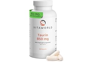 ‎VITA WORLD Taurin Kapseln - Taurin hochdosiert 850mg pro Tag (130 vegane Kapseln) - ideale Unterstützung für einen aktiven Lebensstil - laborgeprüft, ohne unerwünschte Zusätze, gluten- & laktosefrei - vitaworld