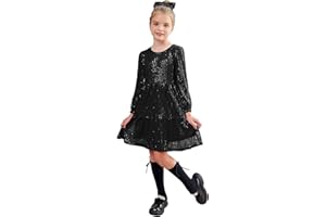 GRACE KARIN Vestido Niña de Manga Larga con Lentejuelas Vestido de Fiesta Elegante con Cuello Redondo Pliegues