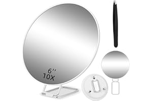 ‎JADAZROR JADAZROR 10-Fach Lupenspiegel mit 3 Saugnäpfeln und 360 ° Einstellbarer Ständer, 15cm kompaktes Make-up-Spiegel mit 10-facher Vergrößerung, Handheld-Reise-Lupe-Spiegel mit Pinzetten