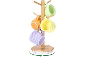 Euqvunn Soporte Tazas Giratorio de 360°, Soporte para Tazas de Café para Encimeras, Árbol para Tazas con Base Robusta de Madera en Forma de Pétalo, Soporte para Tazas de Madera con 6 ganchos – Madera