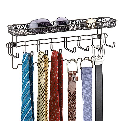 mDesign Wandgarderobe mit Ablage - praktischer Wandorganizer für Schlüssel, Brillen, Handys, Münzen etc. – auch als Krawattenhalter, Gürtelhalter & Schmuckhalter - Farbe: Bronze