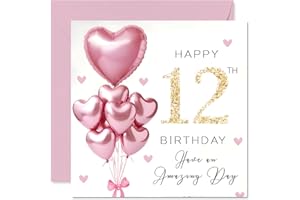STUFF4 12th Birthday Cards for Girls - Pink Glitter Balloons - Happy Birthday Card for 12 Year Old Girl Granddaughter Goddaughter Step Daughter Sister, 145mm Bday Greeting Cards