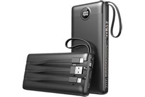 VEEKTOMX Power Bank 20000mAh z wbudowanymi kablami, PowerBank USB C 2.4A Szybkie ładowanie zewnętrznej baterii z 5-wyjściowym 2-wejściem i LED, przenośna ładowarka do iPhone/Galaxy/Mini Wentylator