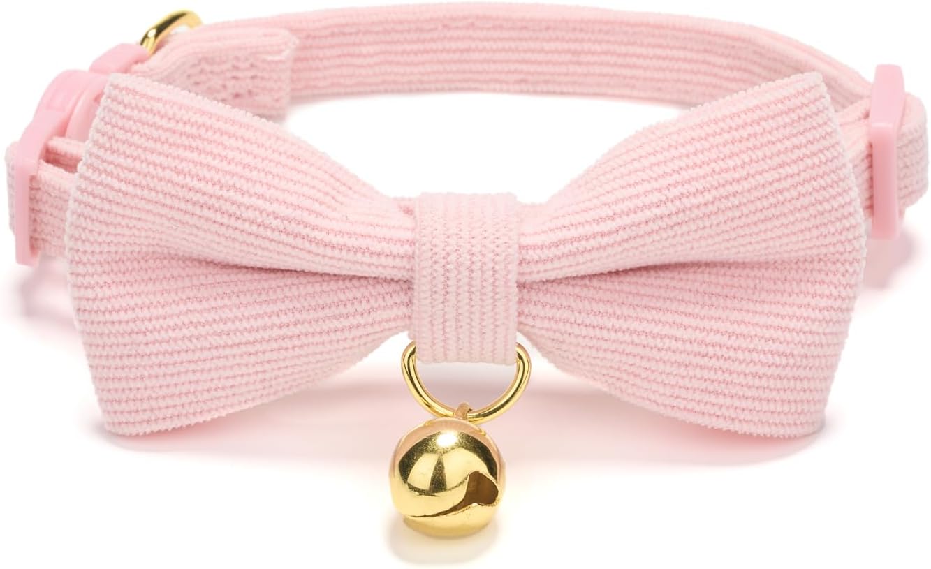 YUDOTE Ultra-soft Collar Natural Cotton Corduroy Made for Cats with Sensitive Skin,Lightweight Kitten Collars with Quick-release Buckle and Removeable Bow-tie,Light Pink Pack of 1