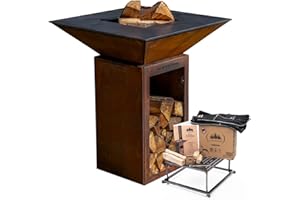 Braciere con base portaoggetti per tronchi Le Bouscatier, 74 x 74 x 90 cm, piastra barbecue in legno in acciaio corten per esterni e giardino, con griglia e anello di mano, guanti di calore