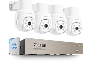ZOSI 3K Kit Caméra Surveillance avec Fil, 8CH 5MP DVR avec Caméra Extérieure Pan et Tilt pour Vue à 360°, Détection de Personne/Véhicule, Vision Nocturne 20m Audio Unidirectionnel Enregistrement 24/7
