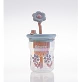 &Ccedil;i&ccedil;ek Desenli Cam İ&ccedil;ecek Bardağı, &Ccedil;i&ccedil;ek Temalı Pipetli Bardak, Kapaklı,Eglenceli ve Dekoratif Tasarım, Mor,Pembe,Mavi,ve Yeşi
