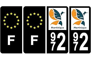 HADEXIA Lot de 4 Autocollants Plaque d'immatriculation 972 Martinique BIS Noir C & F Europe