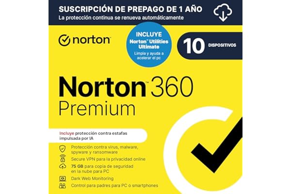 Norton 360 Premium+Utilities 2025|Antivírus 10 Dispositivos|1 año con renovación automática| Descarga digital