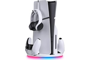 TIDEAL Ständer mit Dual Controller Ladegerät für PS5 Slim – PlayStation 5 Standfuß mit Twin Controller Ladestation und Headset Halterung – RGB Beleuchtung – Schnelladung - Für Dualsense und Dualsense Edge