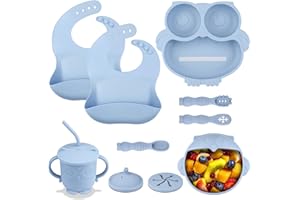 ALLJIA Baby Feeding Weaning Supplies Strong Suction - Silicone Self Feeding Kits for Toddlers 6 Month+ Self Eating Utensils Set Gifts for Mother-to-be