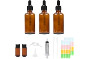 Reyshin 3x50ml Flacon compte gouttes en ambre, Flacon pipette avec entonnoir et étiquette pour huiles essentielles et autres liquides, flacon en verre avec compte-gouttes avec 9 accessoires (50ml*3)
