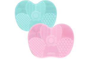 TSHAOUN 2 Stück Silikon Make Up Pinsel Reinigungsmatte, Make-Up Pinsel Scrubber Matte Kosmetische Reinigungspad Tragbares Waschwerkzeug mit Saugnapf, 2 Große Apfelförmige Matte (Grün+Rosa)