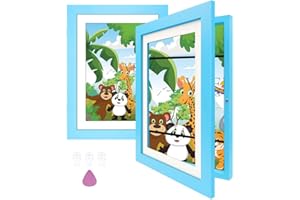 BOKALAKA Bilderrahmen Kinderzeichnungen A4, Kinder Kunstrahmen Frontöffnung 2 Stück, Bilderrahmen für Kinderzeichnungen, Kinder Bilderrahmen, Bilderrahmen Wechseln Kinderzeichnungen（2 Blau）