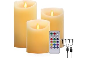 ALED LIGHT Candele LED Senza Fiamma, Bianco Caldo Multicolor Real Wax Pilastro Luce Candela Ricaricabili USB, con Telecomando e Timer, Lampada Candela per Natale Feste Decorazione Casa Matrimonio