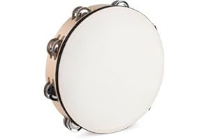 LIEKE Goatskin Tambourine 10 Inch Hand Held Drum with 8 Pairs Metal Jingles for Adults Church Music Classroom Party ktv Dance Game Props