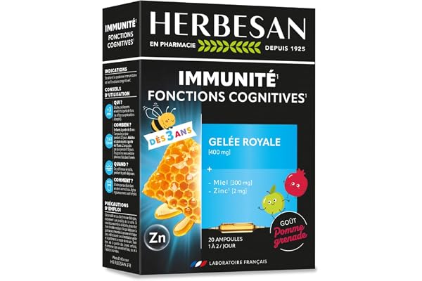 HERBESAN® - GELEE ROYALE 400MG, Miel, Zinc - Défenses immunitaires - Fabrication française - 20 ampoules de 10ml