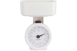 Báscula mecánica de cocina Salter 112 WHWHDR, máx. 3 kg, analógica, indicador fácil de leer, aceptable para lavavajillas, almacenamiento compacto, recipiente extraíble de 1 l, sin pilas, blanca