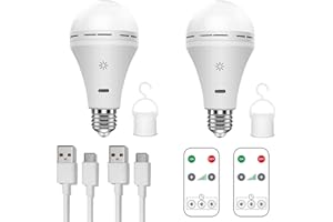 ‎BOBOPAI Ładowalna żarówka USB C z pilotem, żarówka zasilana bateryjnie 7W, E27 Ściemnialna żarówka LED Touch Control z funkcją pomiaru czasu, Zewnętrzna żarówka awaryjna kempingowa z hakiem,6500k/2 pack