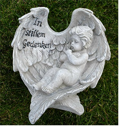 *Engel im Flügel Grabschmuck Grabdeko *In stillem Gedenken* grau-antik 15 cm - 2