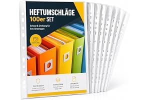 Paket med 100 genomskinliga transparenta häftfodral – Extra tjocka – Format A4 – Med perforeringar – Fodral för böcker brosch