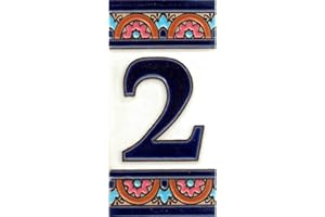TORO DEL ORO Números casa. Numeros y Letras en azulejo. Ceramica esmaltada, Pintados a Mano técnica Cuerda Seca. Nombres y direcciones. Diseño Arco Azul 5,5x10,5 cms (Número dos "2")