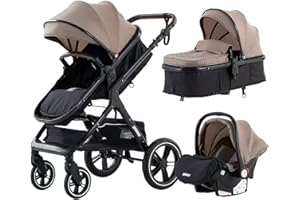 GLOKID Kinderwagen 3 in 1,Reisesysteme, Buggy mit Umkehrbarem Zwei-Wege-Schub,Babywanne Buggy&Sportsitz,Voll-Gummireifen,Mit Einem Klick Zusammenklappbarer,Zubehör,Tragbarer (LQL HX1 Khaki)