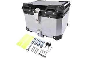 GELUOXI 45L Aluminium Universal Motorbike Top Case Motorcycle Scooter Luggage Storage Tour Tail Box with Security Lock Waterproof Capacity Motorcycle Rear Box for Storage Helmet Luggage Box Silver