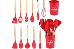 TINA&CO Juego de 12 Utensilios de Cocina Silicona con Mango de Madera - Kit de Cocina Completo de Menaje, Resistentes y Duraderos (Rojo)
