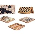 "3 in 1 Wooden Chess Set/Folding Board /11" chess board / 3" King Height German Knight Staunton Chess Pieces/Walnut & Maple Inlaid /2 Extra Queen/Board Games Chess Sets for Adults and Kids