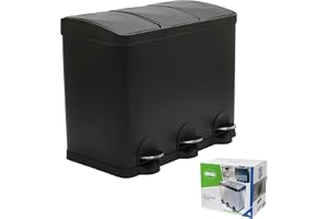 Amig - Trippel pedalbehållare 45 liter - 3 löstagbara fack à 15 liter - Köksåtervinningsbehållare - Stål - 60 x 37 x 49 cm - Mattsvart