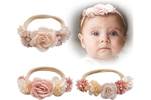 LJFEA 3 StückBaby Mädchen Nylon Stirnbänder Blume elastisches Haarband Schleifen Haarschmuck für Neugeborene Kleinkinder