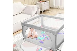 OHMG Laufgitter für Babys, 120 x 120 x 66 cm, Laufgitter aus Netzstoff mit 50 Bällen, Laufstall für Babys drinnen und draußen, Aktivitätszentrum für den Laufstall, Hellgrau