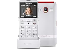 Easyfone Prime-A7 GSM Téléphone Portable Senior Débloqué avec Grandes Touches pour Senior, Bouton SOS avec GPS, Compatible avec Les Appareils Auditifs, Batterie 1500mAh avec Station de Charge (Blanc)