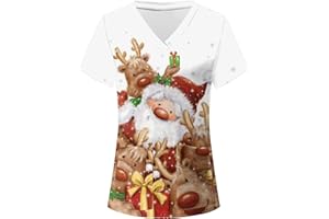 STPT Schlupfhemd Bluse Kurzarm V-Neck Kasack Damen Pflege mit Karikatur Motiv und Taschen Uniform Berufsbekleidung Krankenschwester Kleidung Schlupfkasack Uniformen