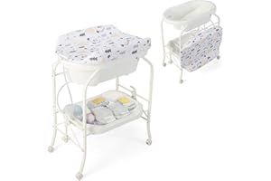 LIFEZEAL Mesa Cambiadora con Baño, Combinación 2 en 1 con Ruedas, Estante Abierto, Baño para Bebé con Soporte, Carga Máxima 35 kg (Blanco)