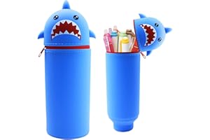 EEPLUYTY Kawaii Étui École 2 en 1 en Silicone Souple, Trousse Silicone Verticale, Fermeture Éclair en Silicone, Dessin Animé Mignon DIY, Plusieurs Couleurs Et Styles-Requin Bleu