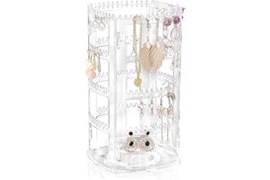 ROWNYEON Rotating Jewellery Organiser Jewellery Stand Acrylic 360°Rotating Display Earring Holder 4 Tiers Jewellery RackClassic 160 Holes and 168 Grooves for Necklaces Earrings Piercings,Clear