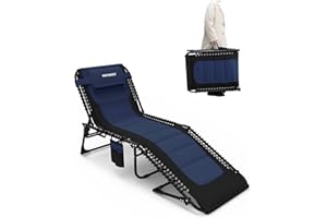 ‎WKFAMOUT WKFAMOUT Sun Lounger Folding Garden Lounger 5 Adjustable Backrest Outdoor Foldable Tripod Lounger Beach Lounger Camping Bed up to 120 kg with Cushion Side Pocket 190 x 59 cm Navy