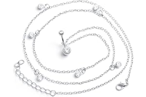 Crdifu Anillo de plata para ombligo con cadena 14G 10 mm Piercing de cristal para barra de ombligo de acero quirúrgico