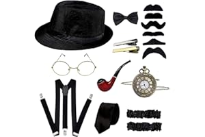 Cckuu 1920s Men Costume Fancy Dress Accessories Set Roaring Retro Gatsby Gangster Costume, Hat, Tie,Tie Clips,Pocket Watch, Suspender, Glasses, Beard, Armband Garters