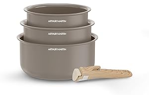 Arthur Martin - Set de 3 Casseroles en Aluminium 2,5 mm, Revêtement Céramique et Poignée Effet Bois, Compatibles Tous Feux Dont Induction, 16-18-20 cm, Marron