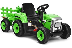 COSTWAY Ride on Tractor and Trailer, 12V Battery Powered Electric Kids Toy Car with Remote Control, LED Lights, USB & Bluetooth Music, Four Wheels Ride on Toys for Children Ages 3+(Green)